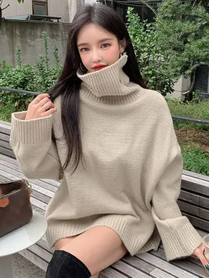 Women's Sweater Turtleneck Drop Shoulder Oversized Sweater Sweater for Women (Color : Khaki, Size : X-Large)