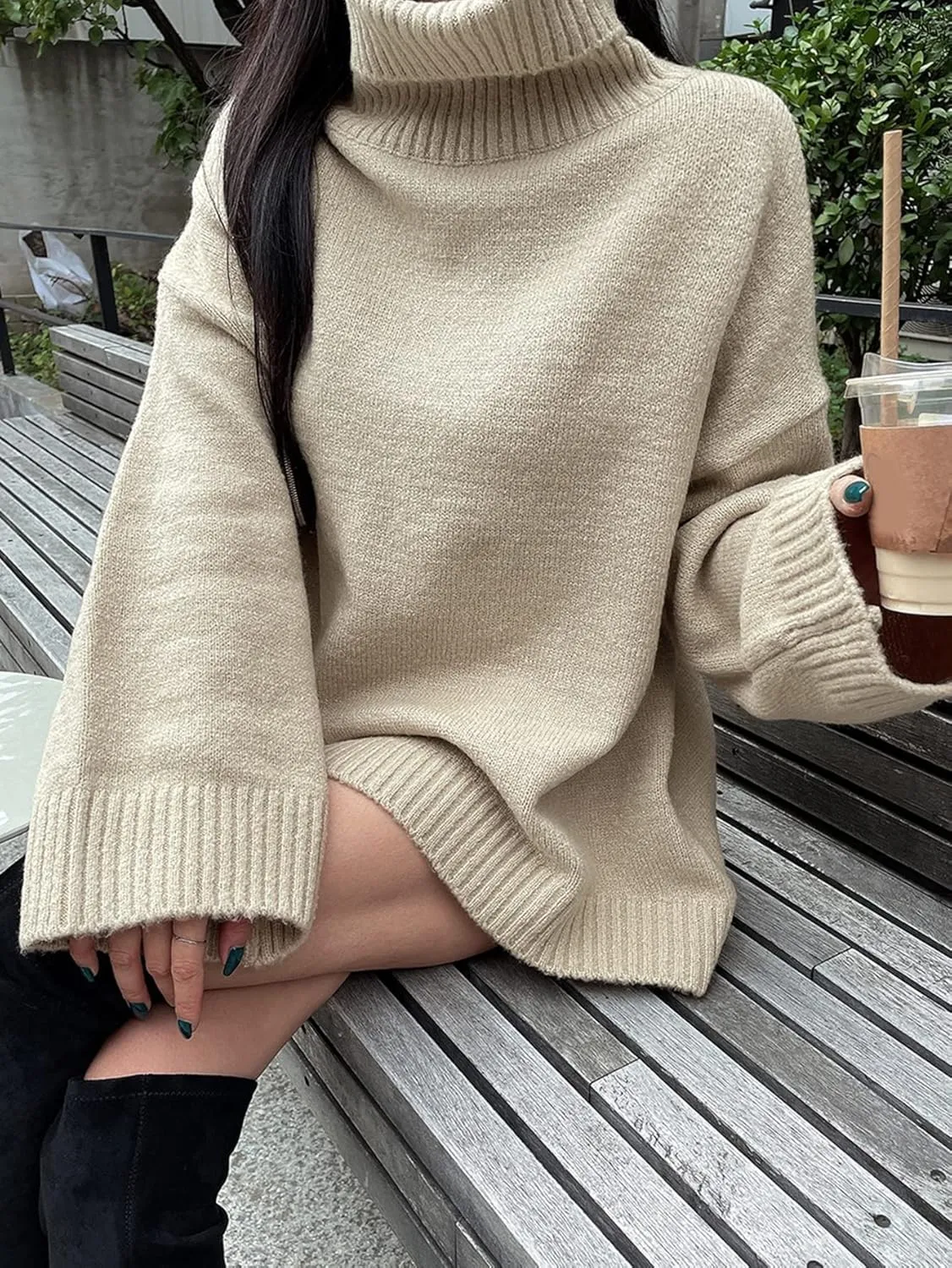 Women's Sweater Turtleneck Drop Shoulder Oversized Sweater Sweater for Women (Color : Khaki, Size : X-Large)