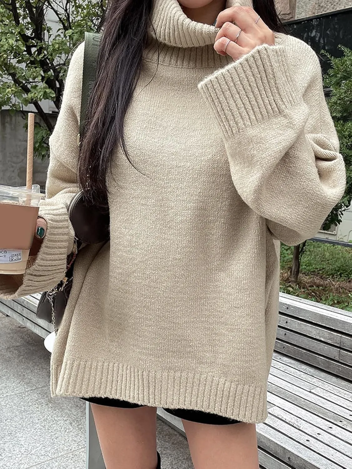 Women's Sweater Turtleneck Drop Shoulder Oversized Sweater Sweater for Women (Color : Khaki, Size : X-Large)