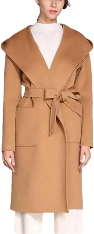 Women's Thick Wool Blend Coat Hooded Adjustable Waist Warm Winter Jacket