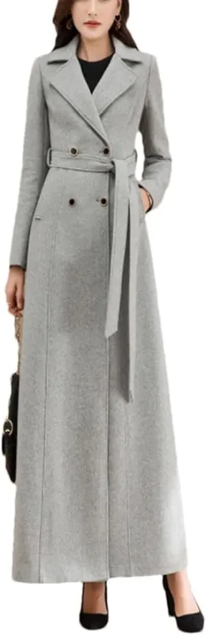 Women's Thick Wool Blend Long Coat Double Breasted Suit Tie Slim Fit Warm Jacket Coat