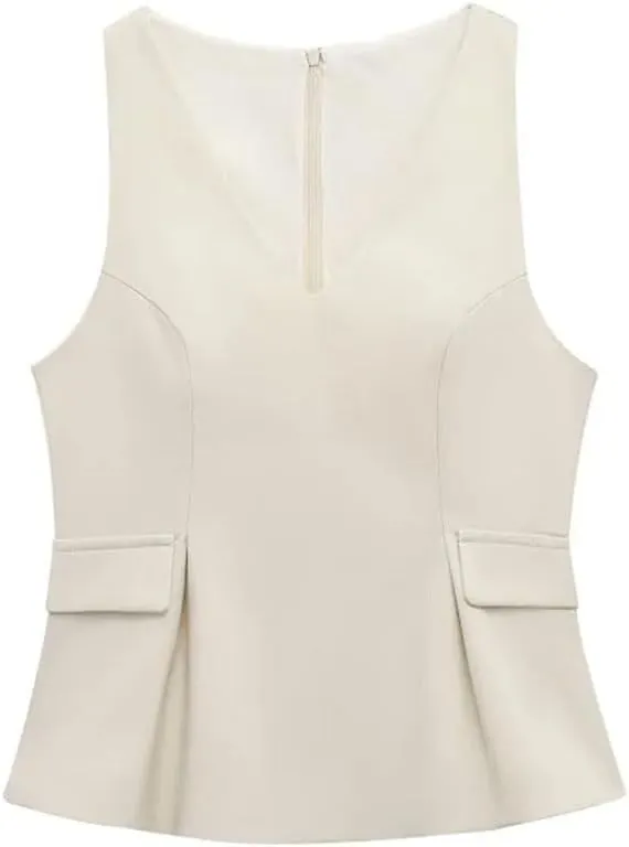 Women's V-Neck Slim Fit Wide Hem Solid Color Pocket Decoration Vest