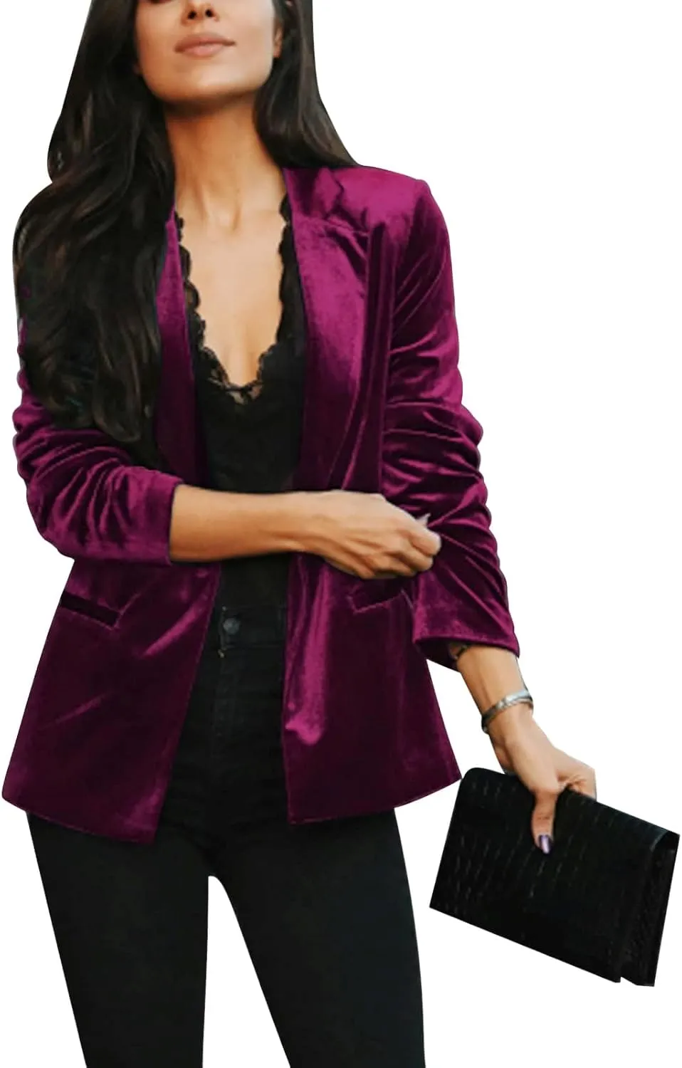Women's Velvet Suit Blazer Jacket Casual Office Work Long Sleeve Button Pockets Tailored Jacket Coat Blazer