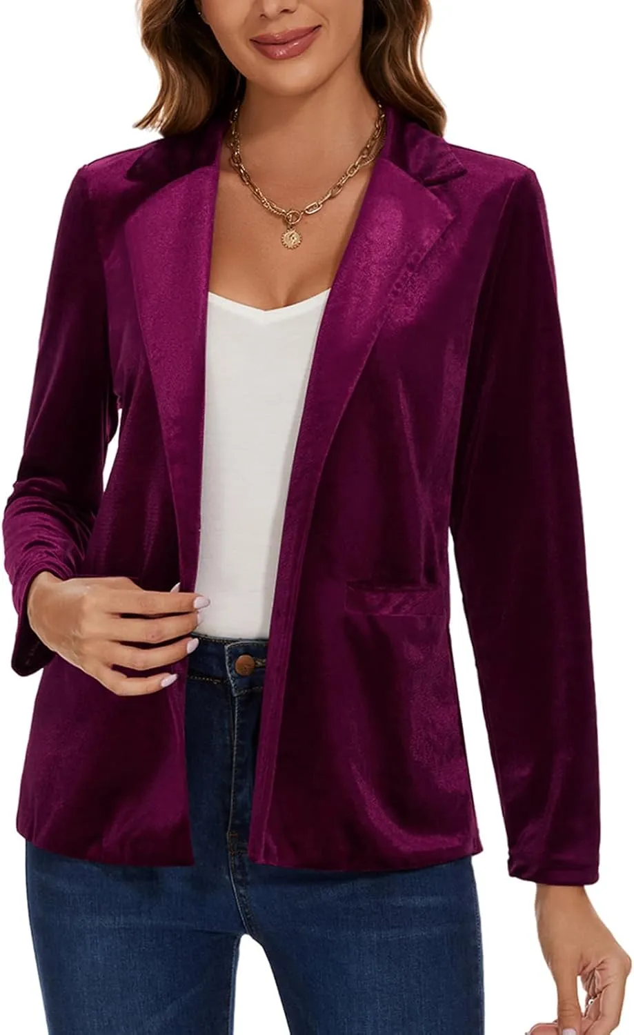 Women's Velvet Suit Blazer Jacket Casual Office Work Long Sleeve Button Pockets Tailored Jacket Coat Blazer