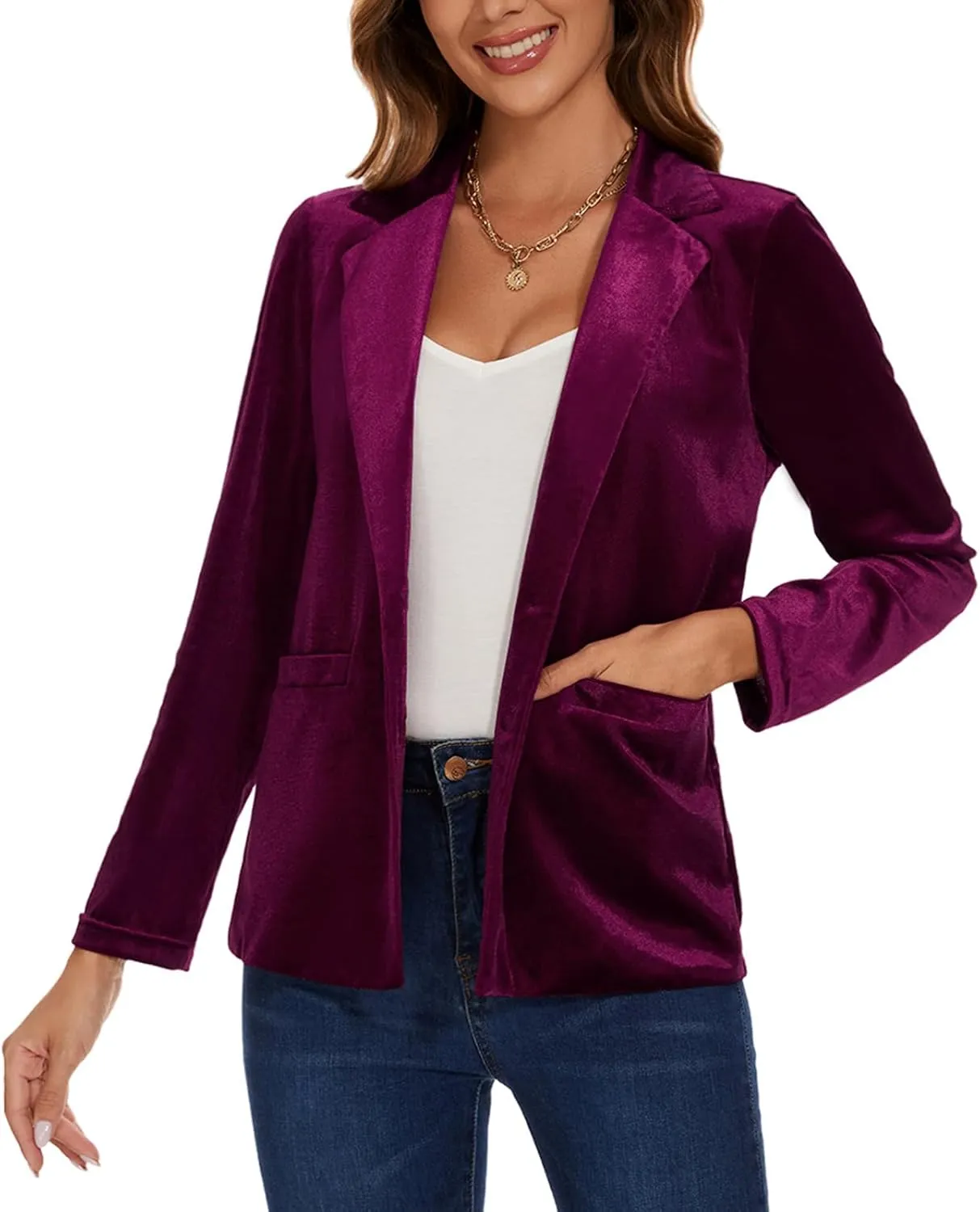 Women's Velvet Suit Blazer Jacket Casual Office Work Long Sleeve Button Pockets Tailored Jacket Coat Blazer