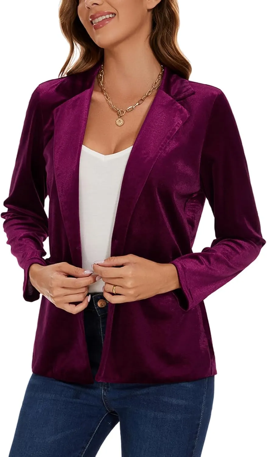 Women's Velvet Suit Blazer Jacket Casual Office Work Long Sleeve Button Pockets Tailored Jacket Coat Blazer