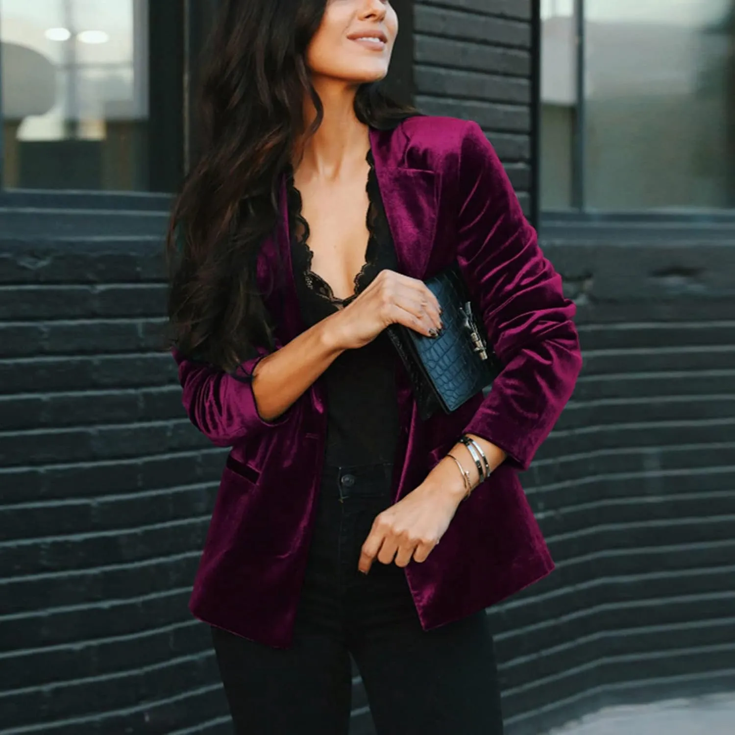 Women's Velvet Suit Blazer Jacket Casual Office Work Long Sleeve Button Pockets Tailored Jacket Coat Blazer