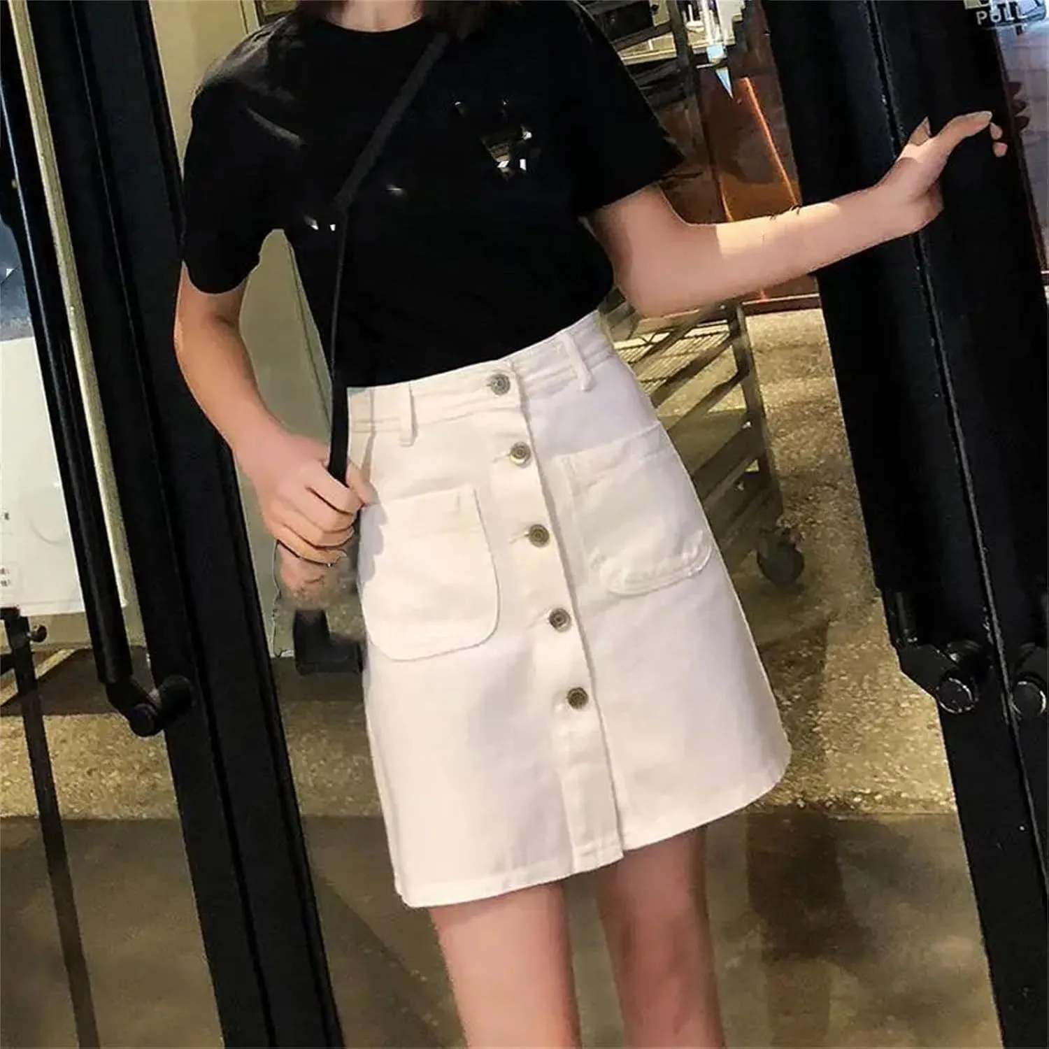 WomenS Vintage Washed Denim Skirt Front Button High Waist Jean Short Skirt