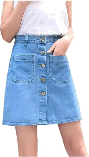 WomenS Vintage Washed Denim Skirt Front Button High Waist Jean Short Skirt