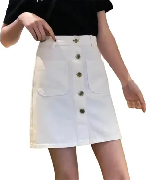 WomenS Vintage Washed Denim Skirt Front Button High Waist Jean Short Skirt