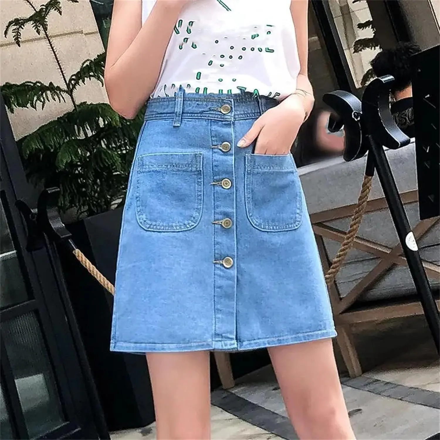 WomenS Vintage Washed Denim Skirt Front Button High Waist Jean Short Skirt