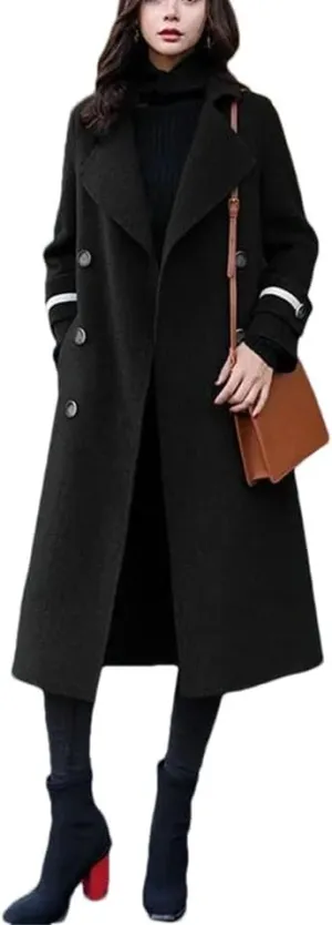Women's Winter Warm Wool Blend Coat LApel Single Breasted Midi Windbreaker Jacket