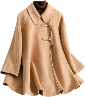 Women's Winter Wool Blend Coat Lapel Single Breasted Chinese Style Peacoat Loose Warm Coat Mid-Long Outerwear