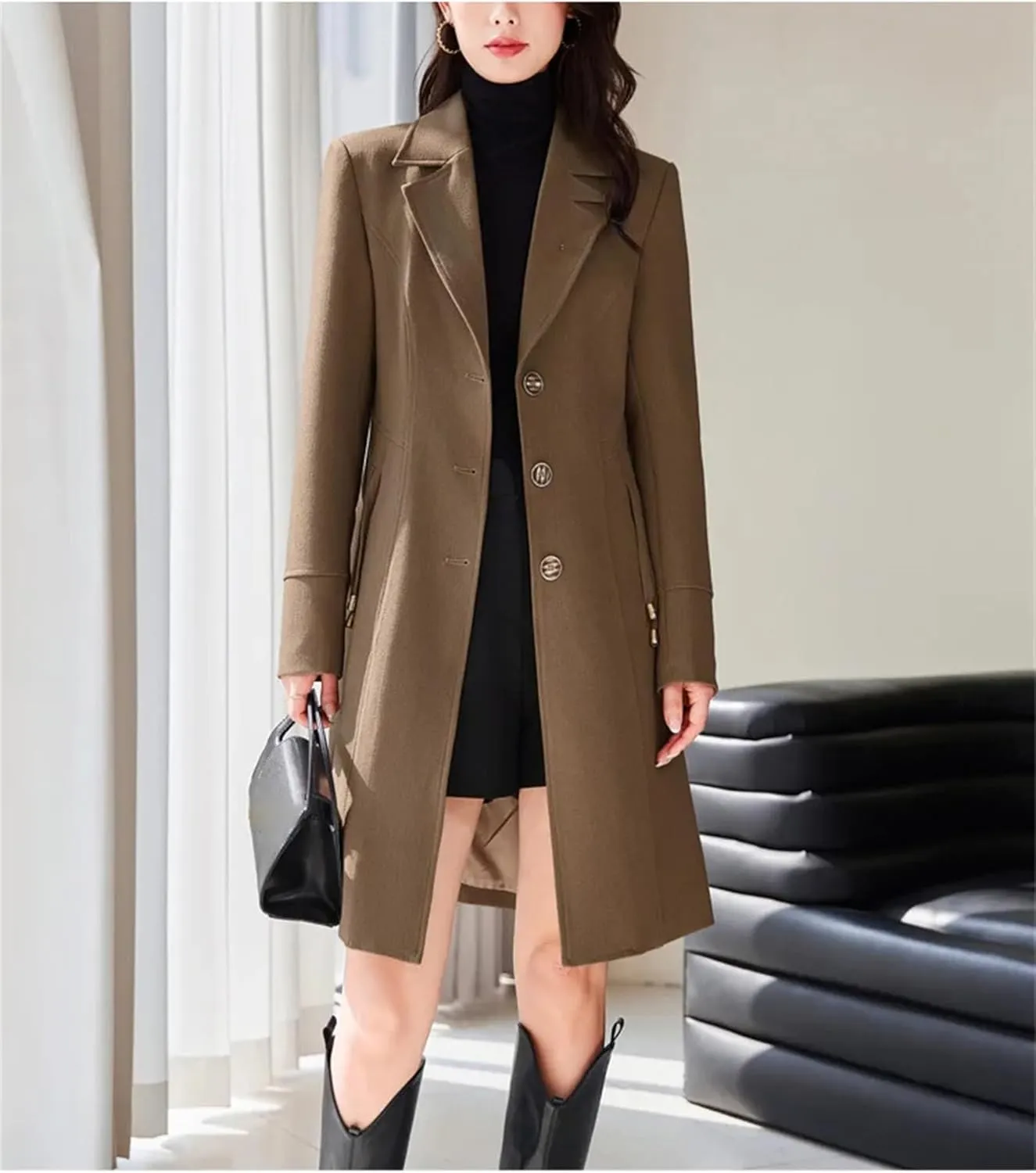 WomenS Winter Wool Blend Trench Coat Single Breasted Lapel Mid-Long Windbreaker Jacket Outwear