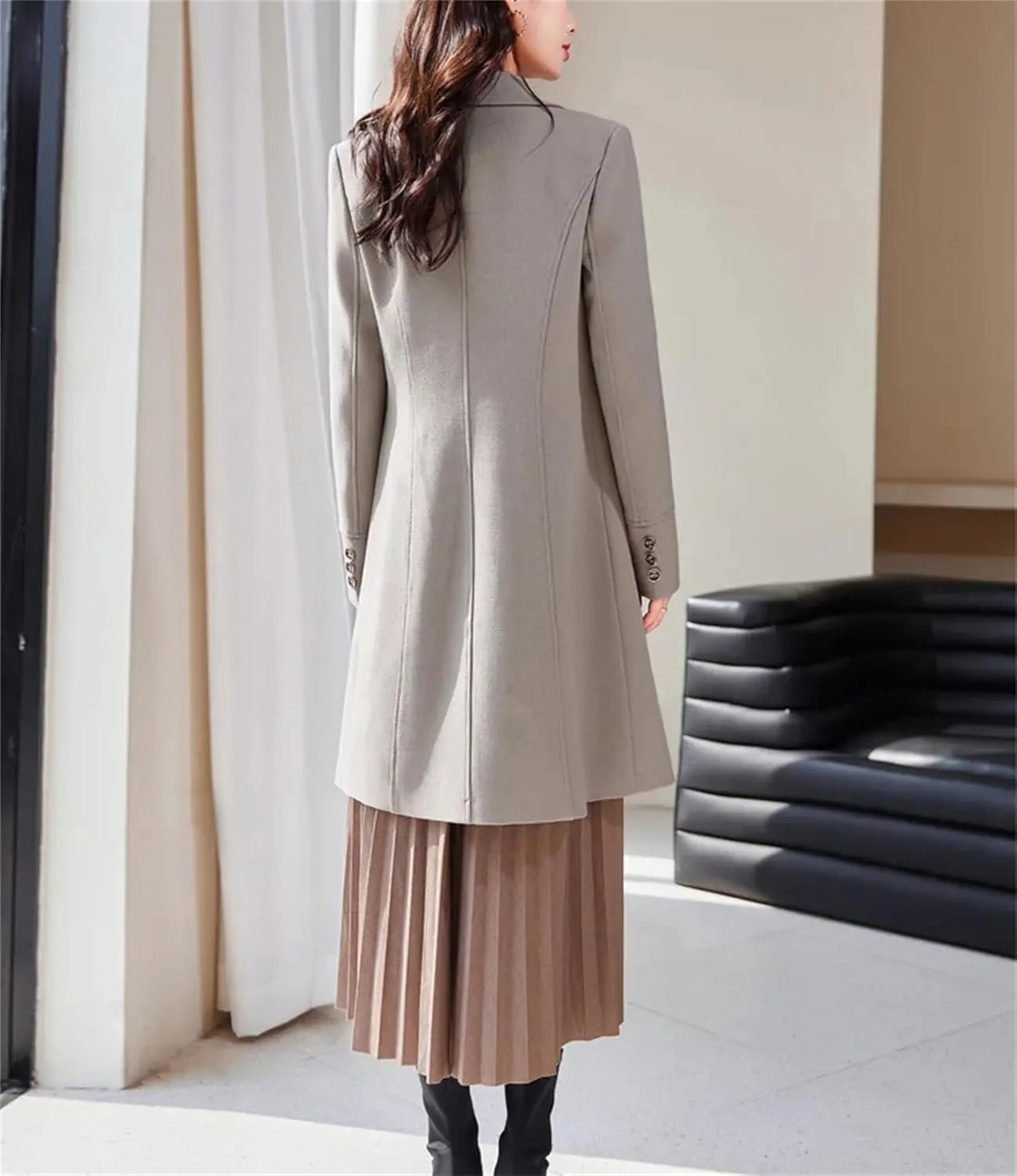 WomenS Winter Wool Blend Trench Coat Single Breasted Lapel Mid-Long Windbreaker Jacket Outwear