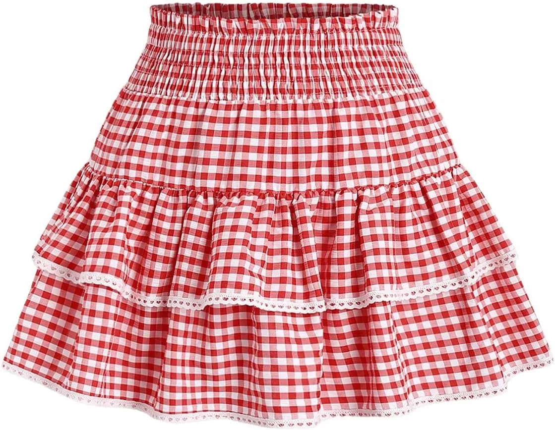 Women's Y2K Gingham Skirt Plaid Ruffle High Waist A-Line Cake Mini Skirts with Lace Hem