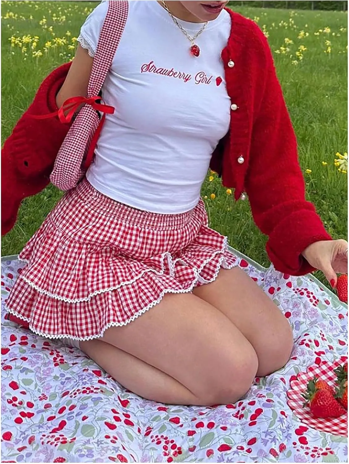 Women's Y2K Gingham Skirt Plaid Ruffle High Waist A-Line Cake Mini Skirts with Lace Hem