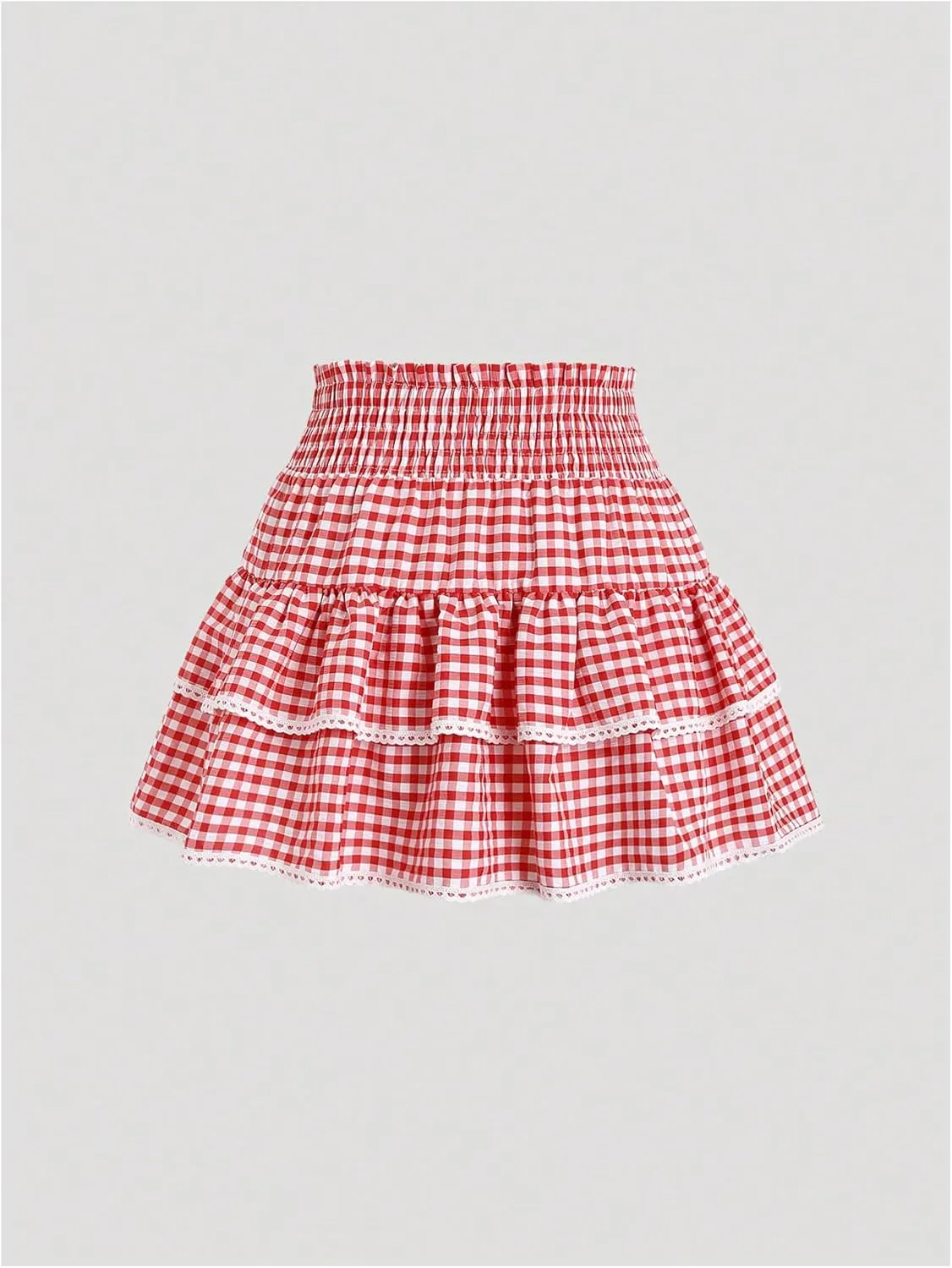 Women's Y2K Gingham Skirt Plaid Ruffle High Waist A-Line Cake Mini Skirts with Lace Hem