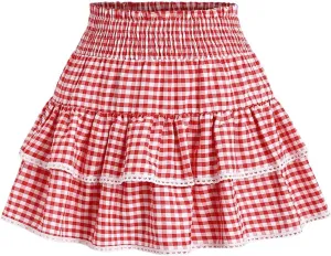Women's Y2K Gingham Skirt Plaid Ruffle High Waist A-Line Cake Mini Skirts with Lace Hem