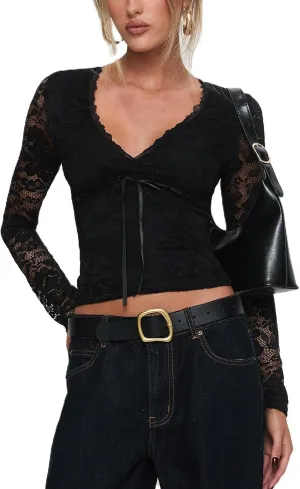 Womens Y2k Vintage Lace Shirts Balletcore Fairy Grunge Bow Tie V Neck Going Out Slim Fit Crop Top Baby Tees