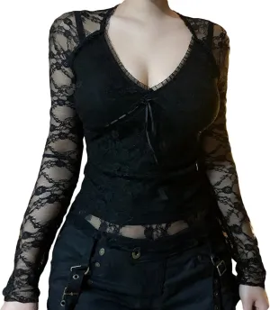 Womens Y2k Vintage Lace Shirts Balletcore Fairy Grunge Bow Tie V Neck Going Out Slim Fit Crop Top Baby Tees