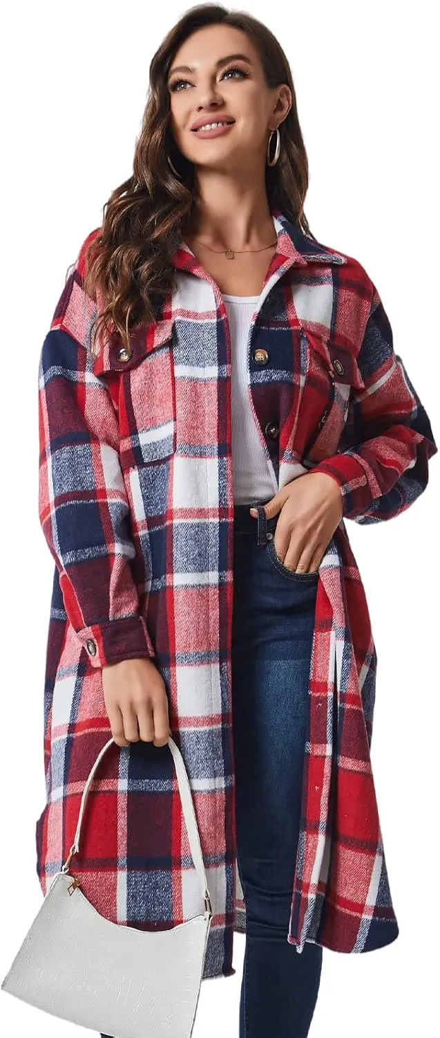 Xaspee Womens Long Plaid Shacket Jacket Casual Fashion Lapel Button Down Long Sleeve Long Plaid Coat with Pockets
