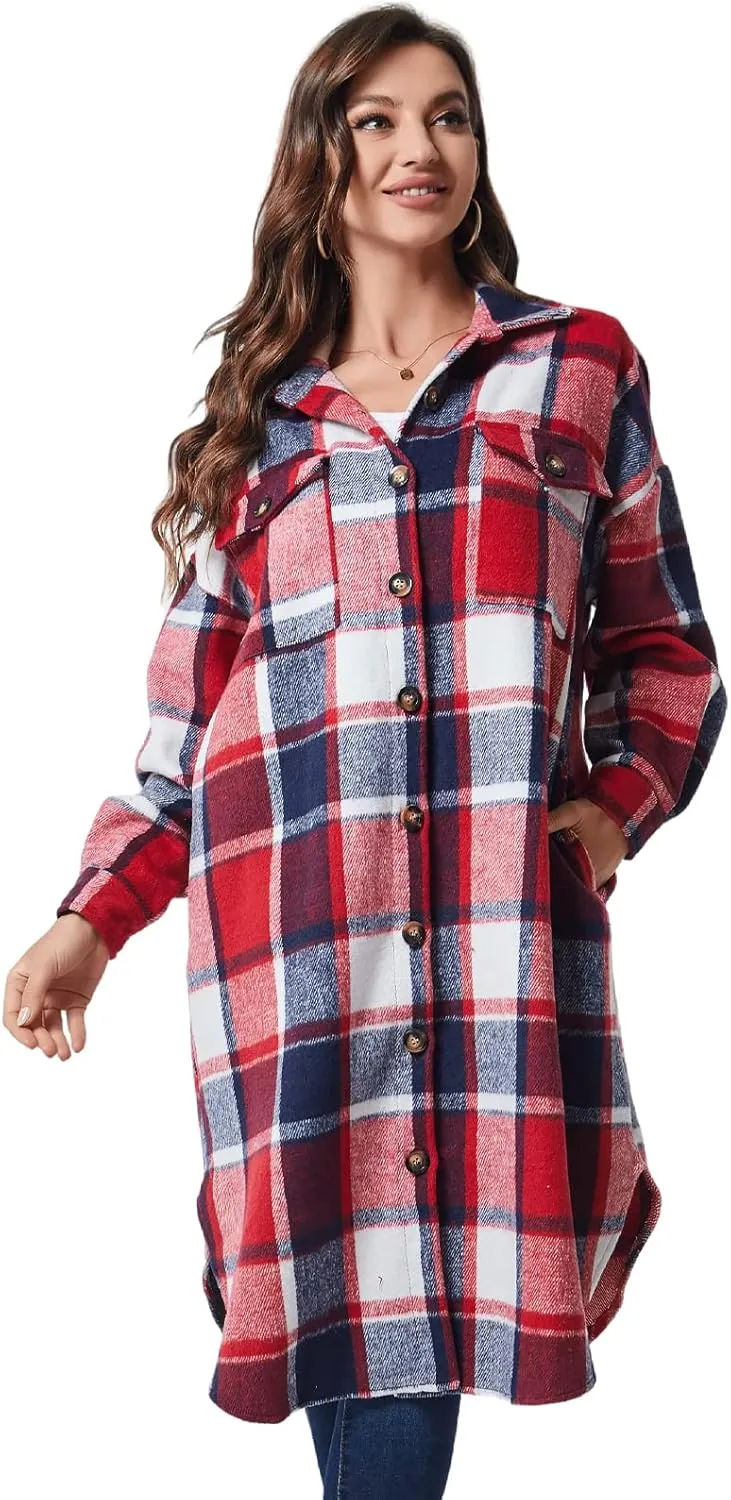 Xaspee Womens Long Plaid Shacket Jacket Casual Fashion Lapel Button Down Long Sleeve Long Plaid Coat with Pockets
