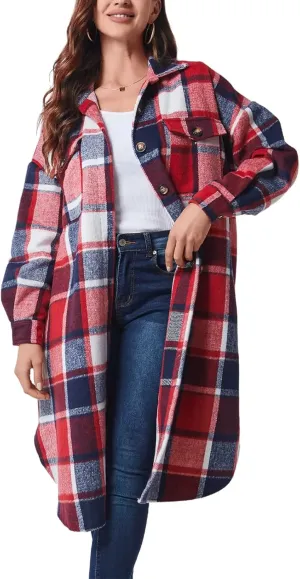 Xaspee Womens Long Plaid Shacket Jacket Casual Fashion Lapel Button Down Long Sleeve Long Plaid Coat with Pockets