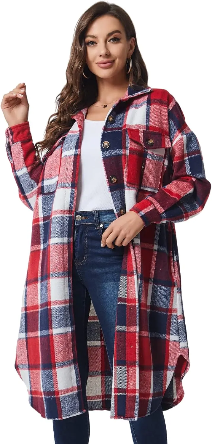 Xaspee Womens Long Plaid Shacket Jacket Casual Fashion Lapel Button Down Long Sleeve Long Plaid Coat with Pockets