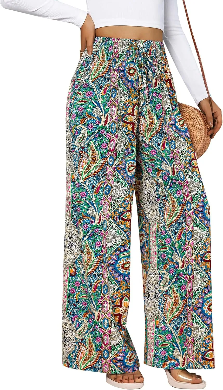 YHYJMY Womens Boho Wide Leg Pants Casual Elastic High Waisted Flowy Palazzo Pants Beach Lounge Long Trousers with Pocket