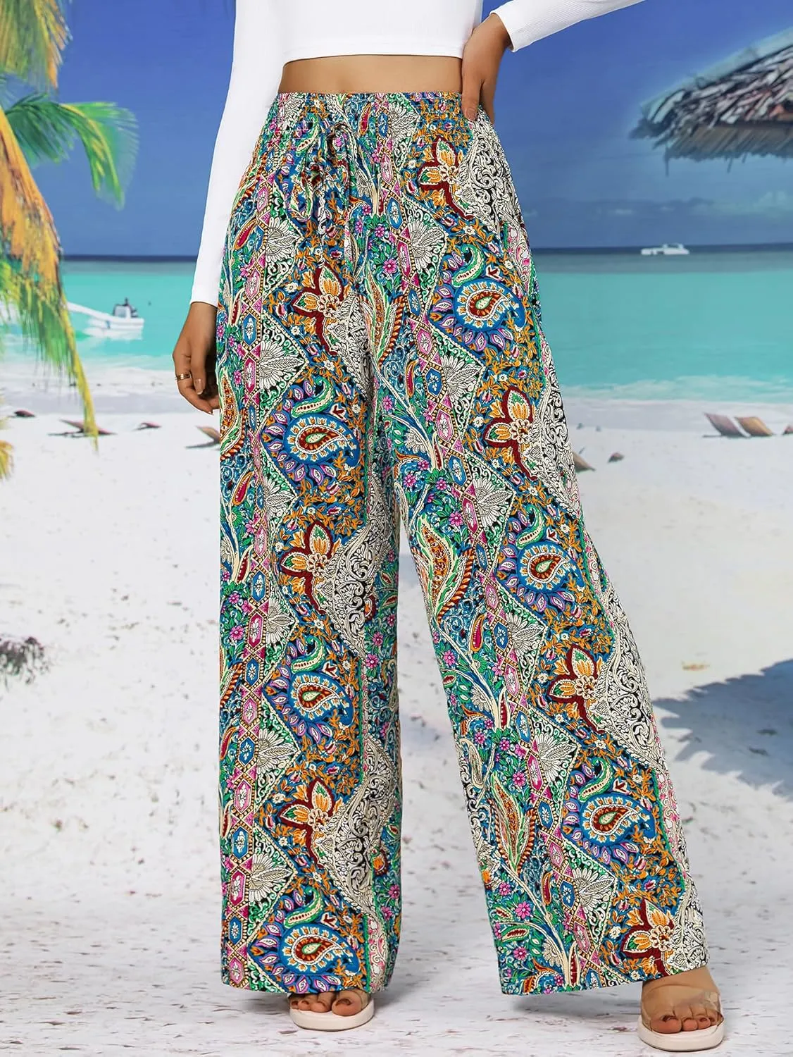 YHYJMY Womens Boho Wide Leg Pants Casual Elastic High Waisted Flowy Palazzo Pants Beach Lounge Long Trousers with Pocket