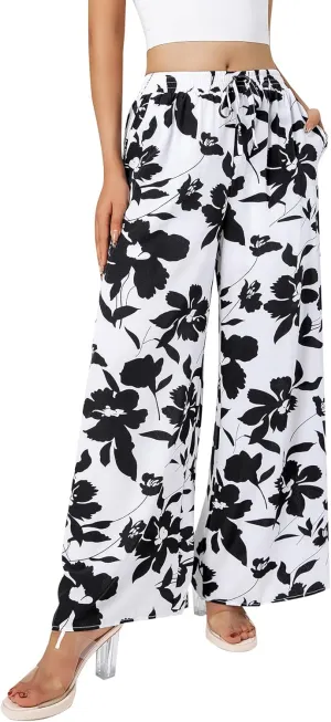 YHYJMY Womens Boho Wide Leg Pants Casual Elastic High Waisted Flowy Palazzo Pants Beach Lounge Long Trousers with Pocket