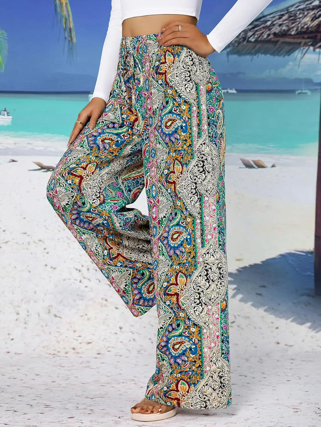 YHYJMY Womens Boho Wide Leg Pants Casual Elastic High Waisted Flowy Palazzo Pants Beach Lounge Long Trousers with Pocket