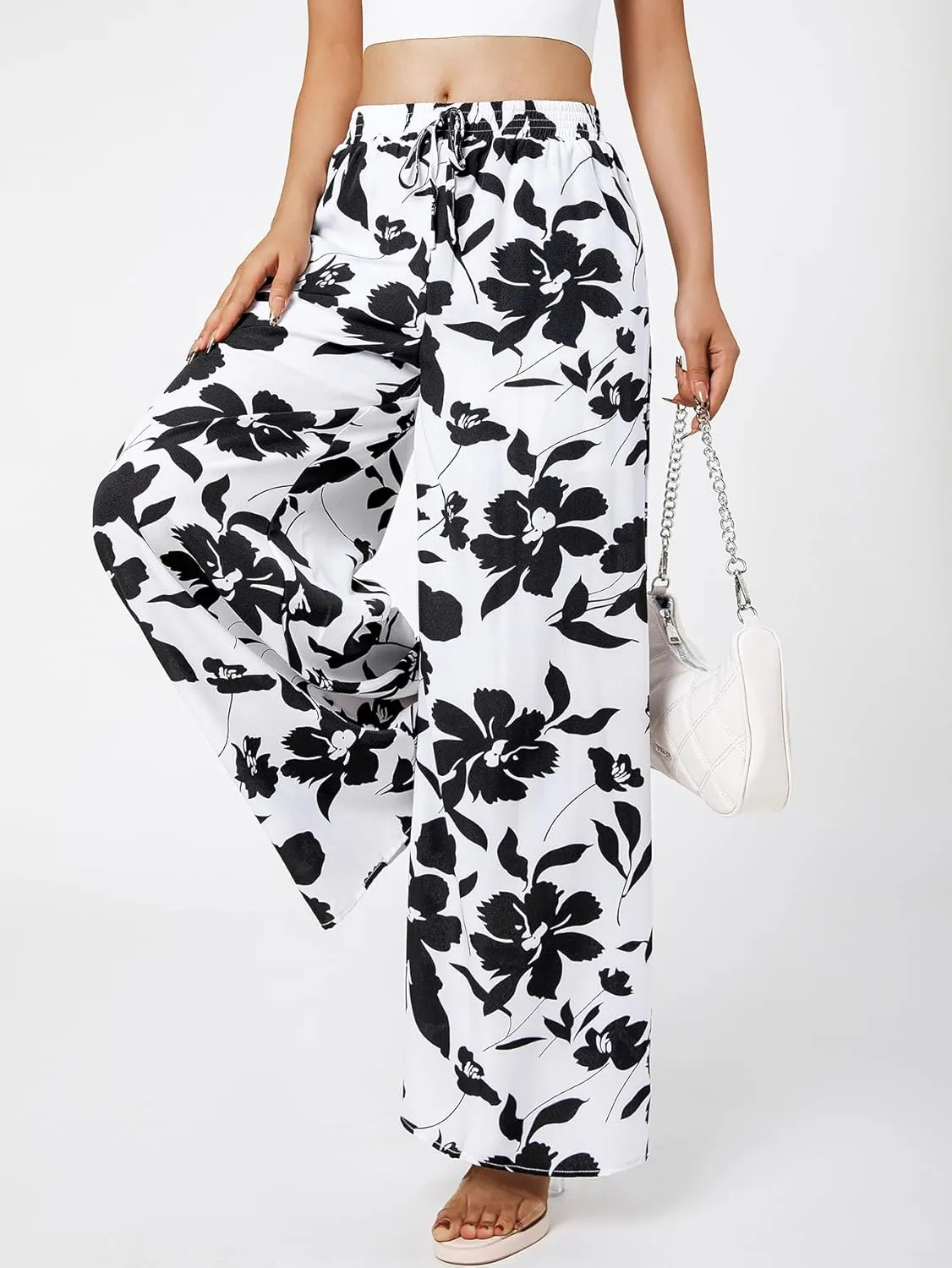 YHYJMY Womens Boho Wide Leg Pants Casual Elastic High Waisted Flowy Palazzo Pants Beach Lounge Long Trousers with Pocket