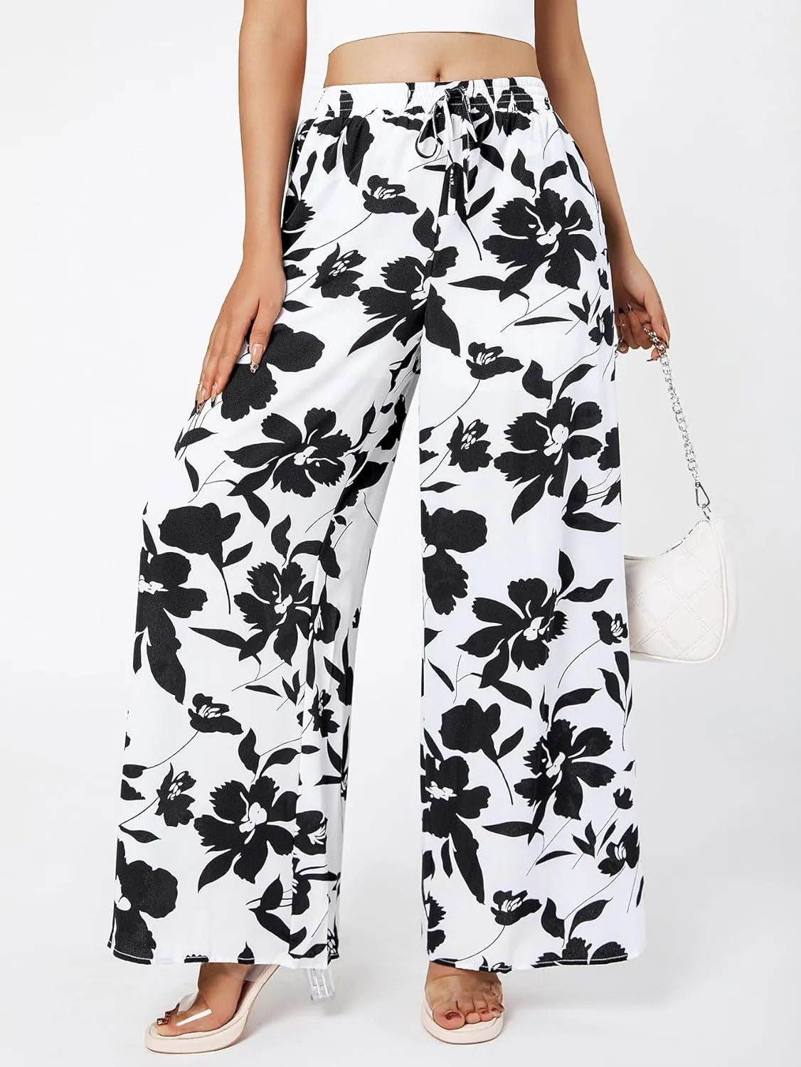 YHYJMY Womens Boho Wide Leg Pants Casual Elastic High Waisted Flowy Palazzo Pants Beach Lounge Long Trousers with Pocket