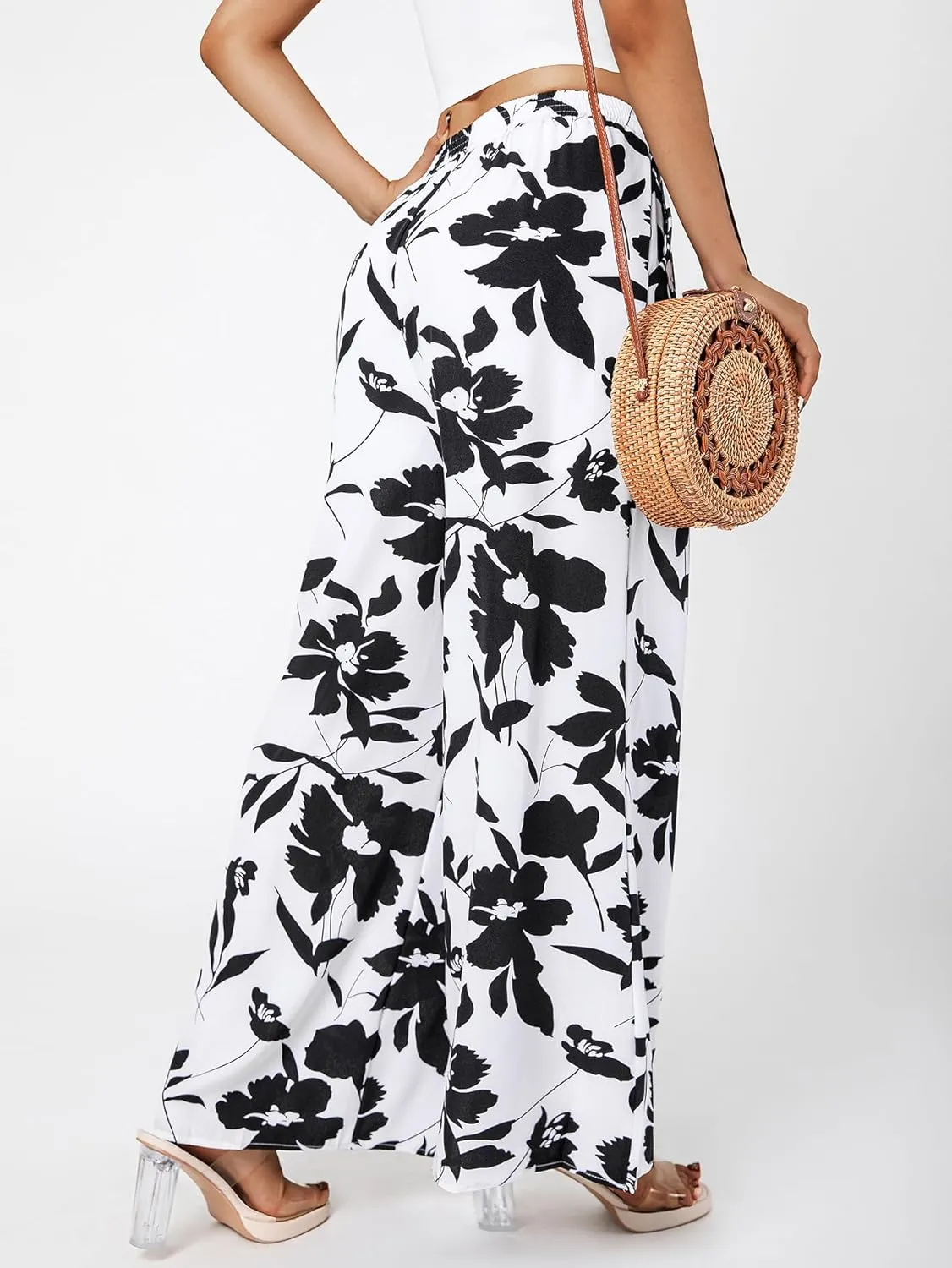 YHYJMY Womens Boho Wide Leg Pants Casual Elastic High Waisted Flowy Palazzo Pants Beach Lounge Long Trousers with Pocket