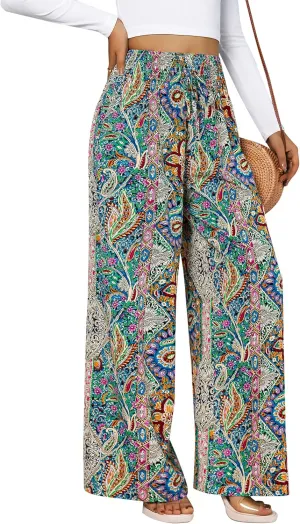 YHYJMY Womens Boho Wide Leg Pants Casual Elastic High Waisted Flowy Palazzo Pants Beach Lounge Long Trousers with Pocket