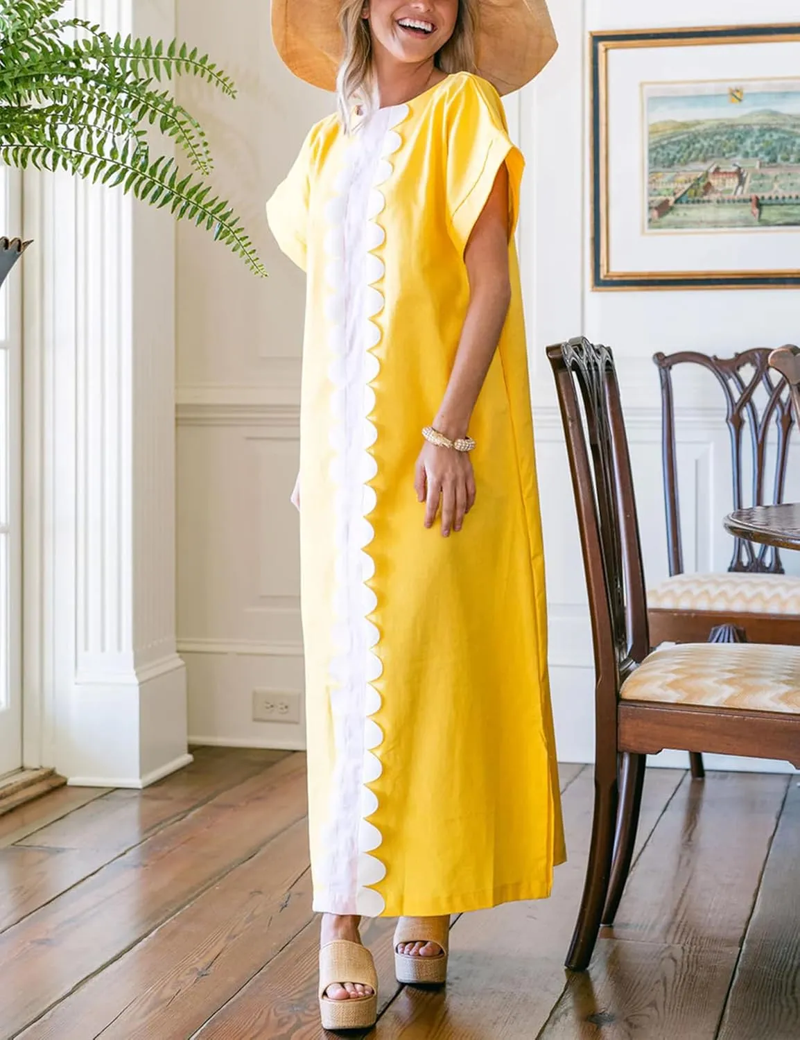 Yidarer Women's T-Shirt Maxi Dress Crew Neck Oversized Color Block Side Split Long Sundress with Pockets