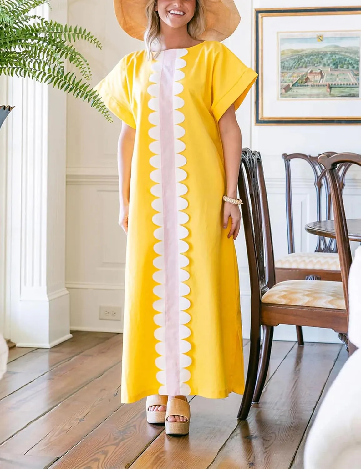 Yidarer Women's T-Shirt Maxi Dress Crew Neck Oversized Color Block Side Split Long Sundress with Pockets