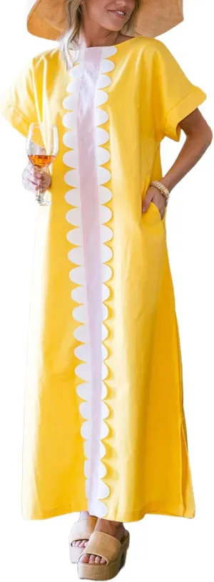 Yidarer Women's T-Shirt Maxi Dress Crew Neck Oversized Color Block Side Split Long Sundress with Pockets