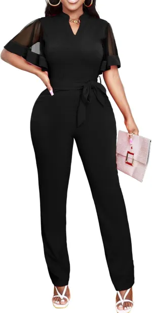 Yiershu Women's Jumpsuits Casual Dressy One Piece Outfits V Neck Formal Short Sleeve Mesh Ruffle Sleeve Romper