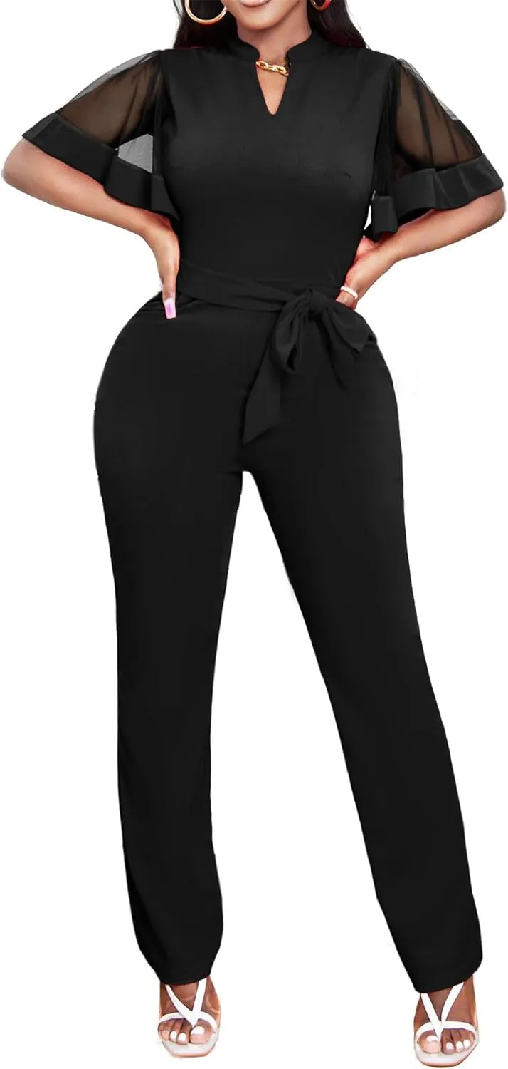 Yiershu Women's Jumpsuits Casual Dressy One Piece Outfits V Neck Formal Short Sleeve Mesh Ruffle Sleeve Romper
