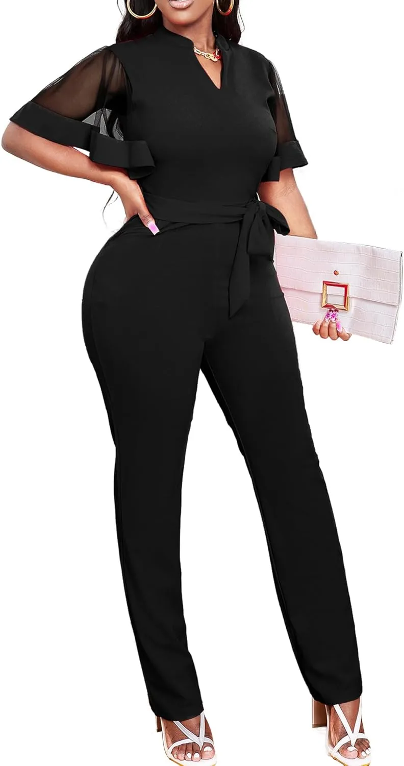 Yiershu Women's Jumpsuits Casual Dressy One Piece Outfits V Neck Formal Short Sleeve Mesh Ruffle Sleeve Romper