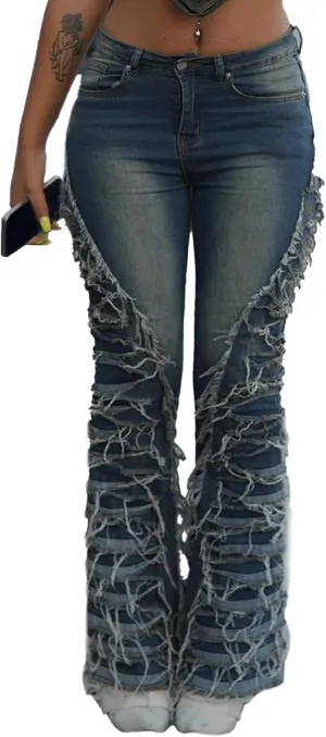 YOOTIKO Women Stretch Ripped Jeans Y2k Mid Rise Straight Leg Raw Hem Boyfriend Skinny Denim Pants