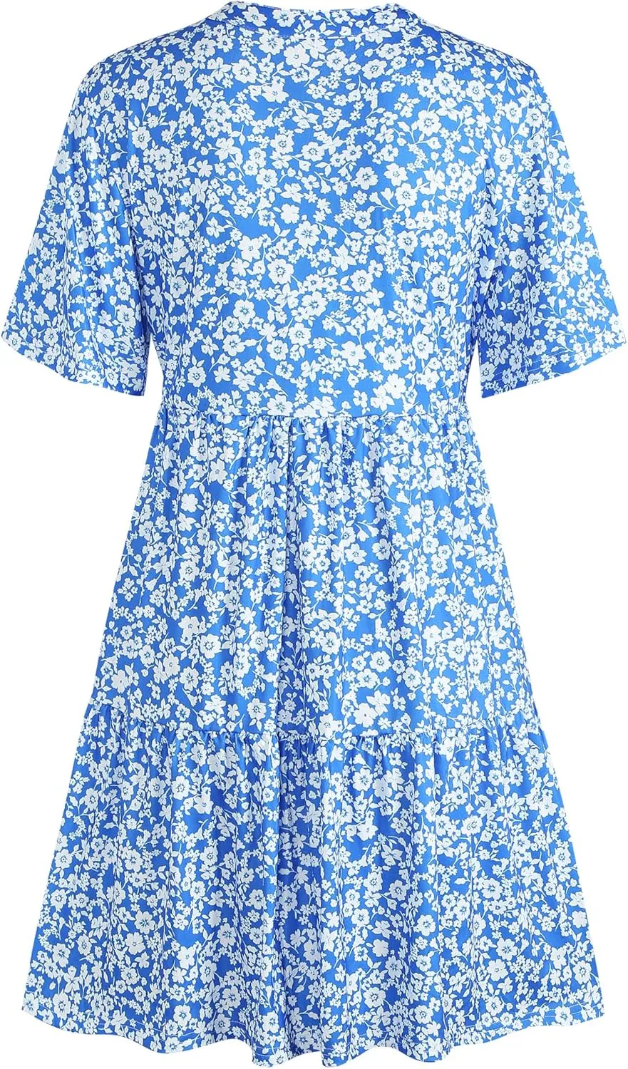 ZAFUL Womens Summer Dress 2025 Short Seeve V Neck Casual Beach Aline Tiered Mini Dress with Pockets