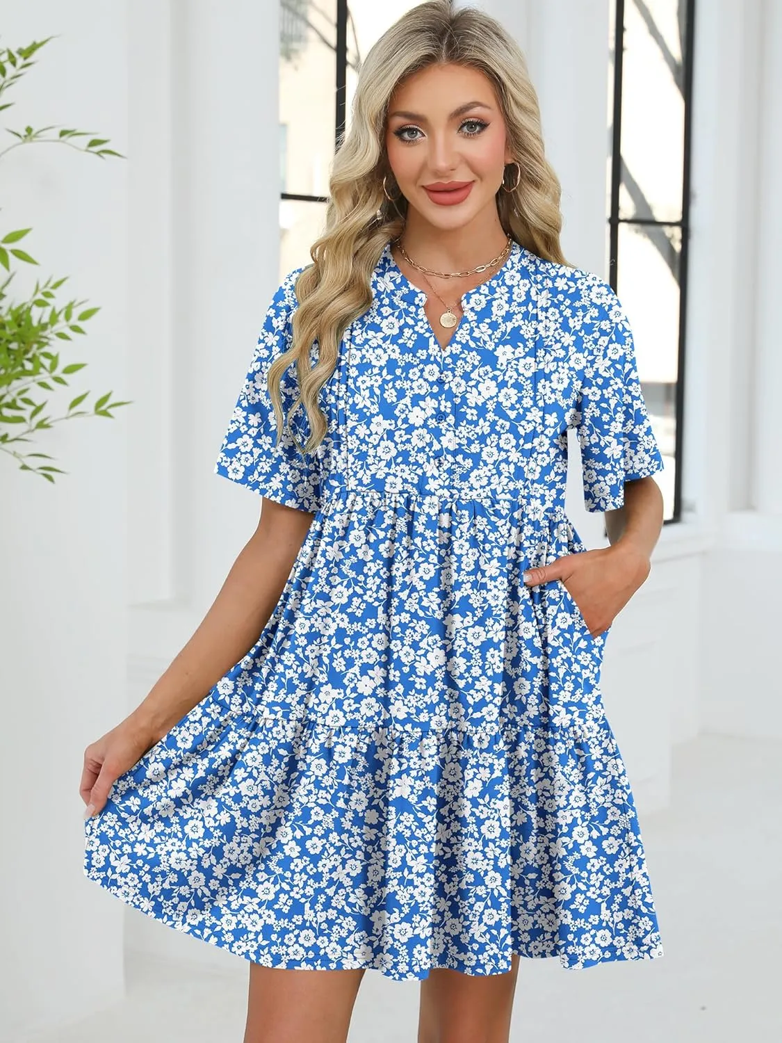 ZAFUL Womens Summer Dress 2025 Short Seeve V Neck Casual Beach Aline Tiered Mini Dress with Pockets