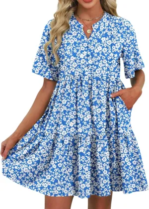 ZAFUL Womens Summer Dress 2025 Short Seeve V Neck Casual Beach Aline Tiered Mini Dress with Pockets