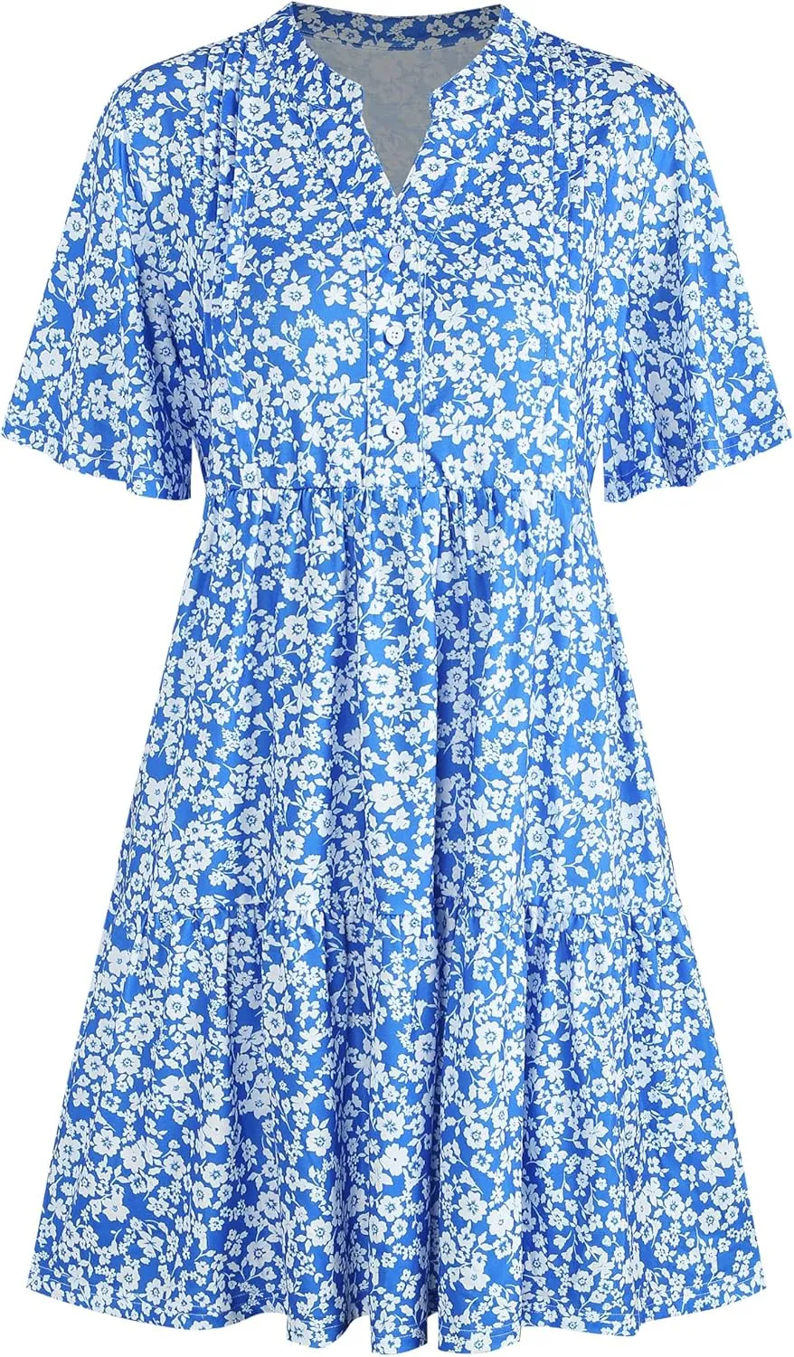 ZAFUL Womens Summer Dress 2025 Short Seeve V Neck Casual Beach Aline Tiered Mini Dress with Pockets