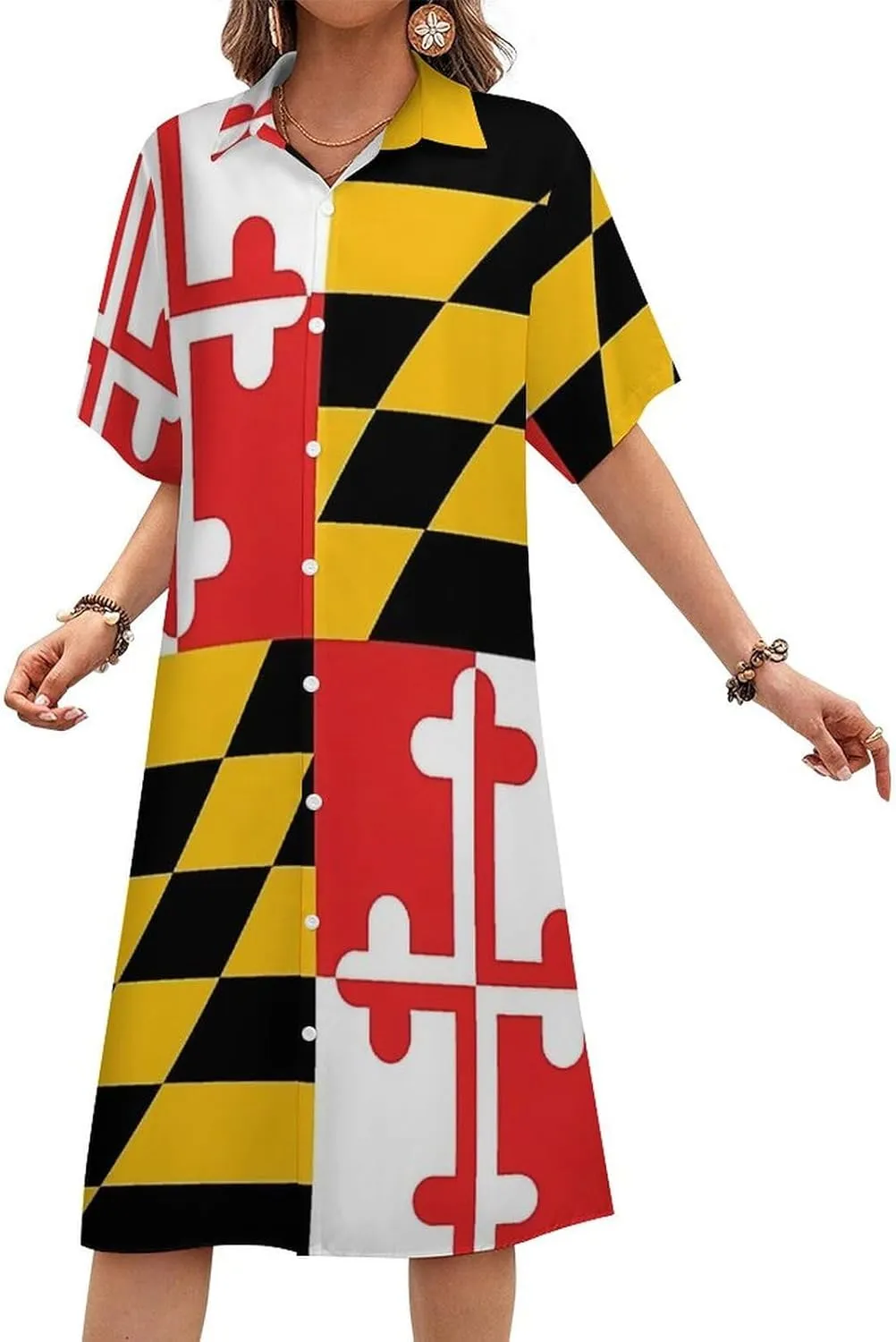 Zakqeik Maryland Flag Womens Button Down Shirt Dress Summer Short Sleeve Shift Dresses with Pockets