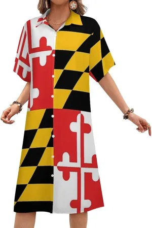Zakqeik Maryland Flag Womens Button Down Shirt Dress Summer Short Sleeve Shift Dresses with Pockets